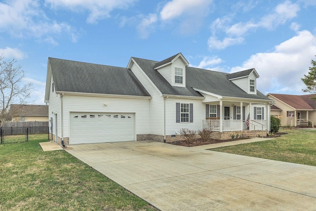 cape cod house with a front lawn, driveway, a porch, fence, and crawl space
