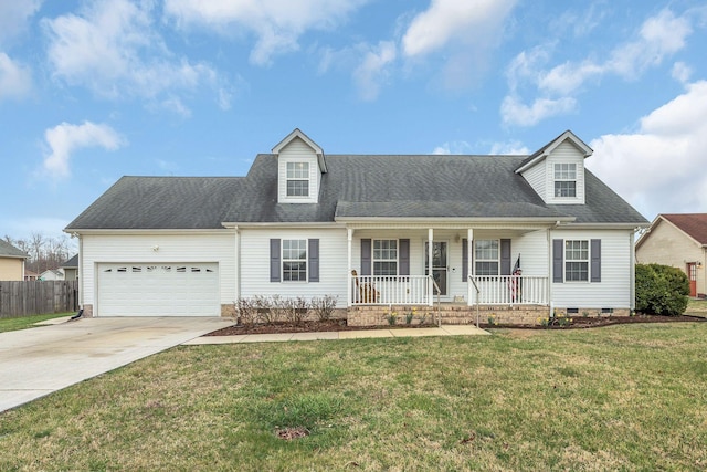 new england style home with fence, covered porch, concrete driveway, a front yard, and a garage