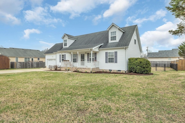 new england style home featuring fence, concrete driveway, a front yard, covered porch, and a garage