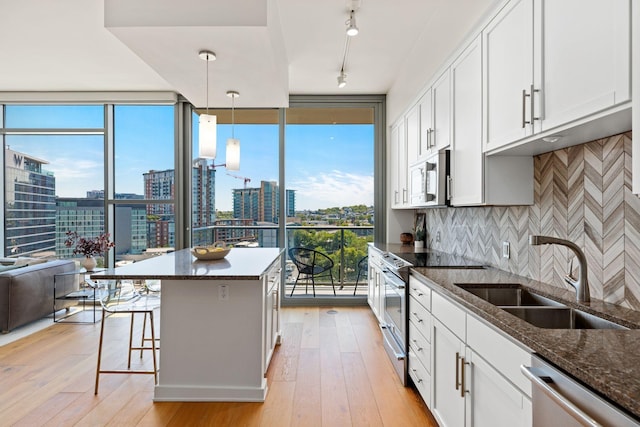 kitchen with a city view, stainless steel appliances, light wood-style floors, and a sink