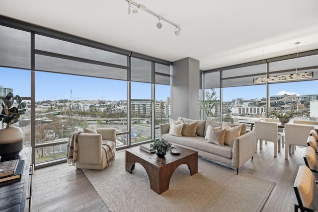 living area featuring expansive windows, a view of city, wood finished floors, and track lighting