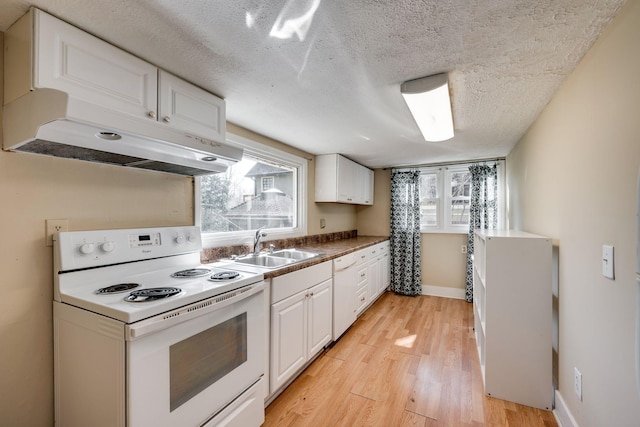 4509 Wyoming Ave, Nashville, TN 37209 - kitchen featuring under cabinet range hood, a wealth of natural light, light wood-style floors, white cabinets, and white appliances