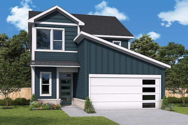 contemporary home with concrete driveway, fence, board and batten siding, and a front yard