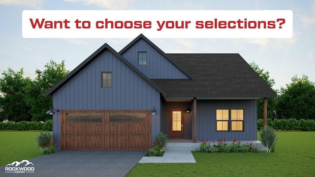 view of front facade with a front yard, roof with shingles, board and batten siding, and driveway