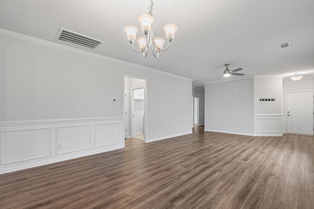 unfurnished living room with wood finished floors, visible vents, ornamental molding, and ceiling fan with notable chandelier