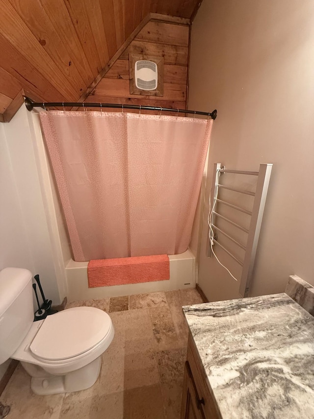 full bath featuring wood ceiling, toilet, lofted ceiling, shower / bath combination with curtain, and vanity