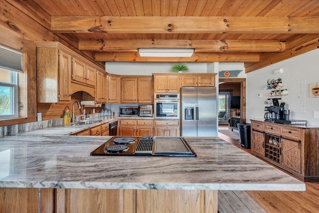 kitchen with black appliances, a peninsula, wooden ceiling, and a sink