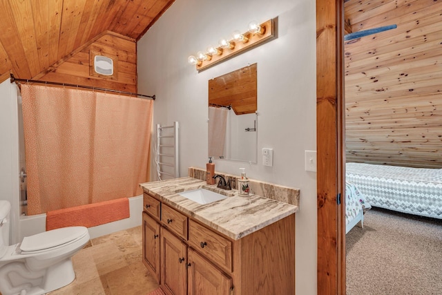 bathroom featuring vanity, shower / bath combo, vaulted ceiling, wood ceiling, and toilet