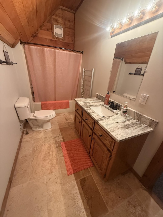 bathroom with toilet, shower / bath combo, wood ceiling, vanity, and vaulted ceiling