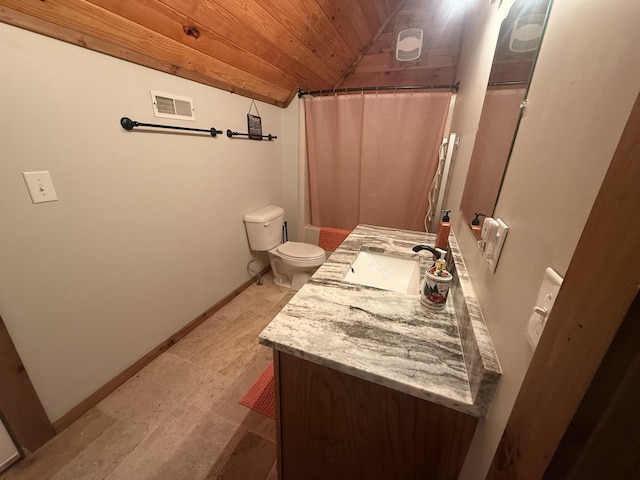 bathroom featuring visible vents, toilet, baseboards, wood ceiling, and vanity