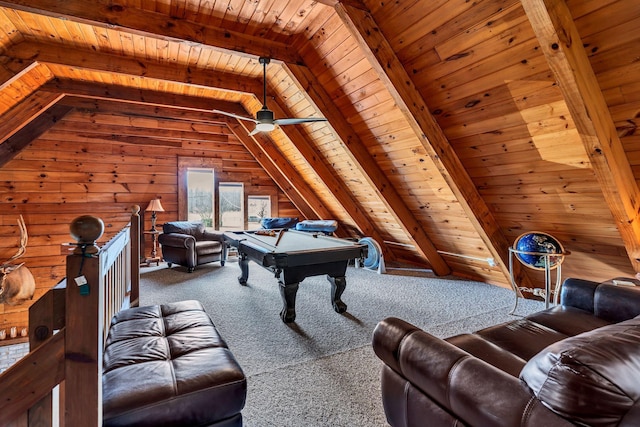 rec room featuring wooden walls, pool table, vaulted ceiling with beams, wood ceiling, and carpet flooring