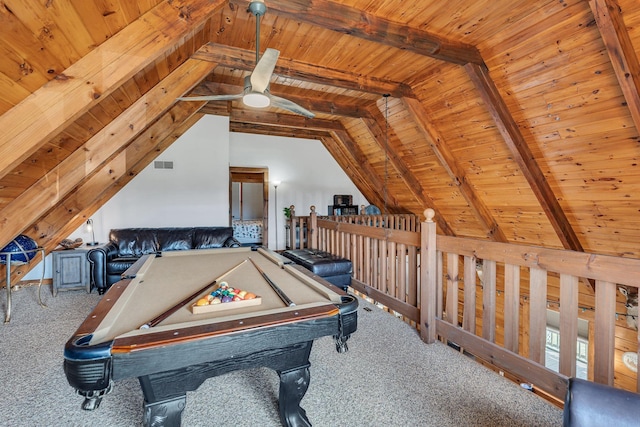 game room with billiards, visible vents, carpet floors, ceiling fan, and wood ceiling