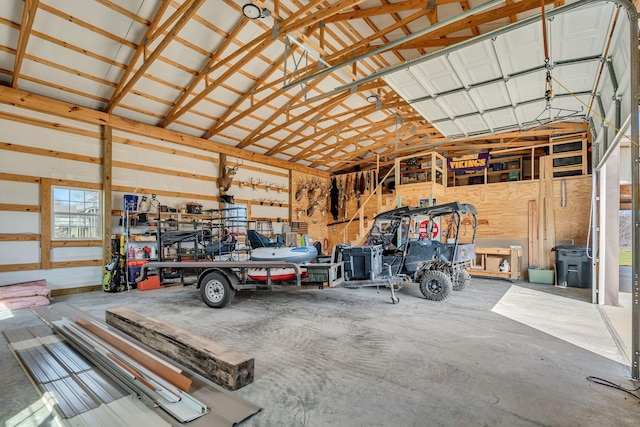 garage with a workshop area