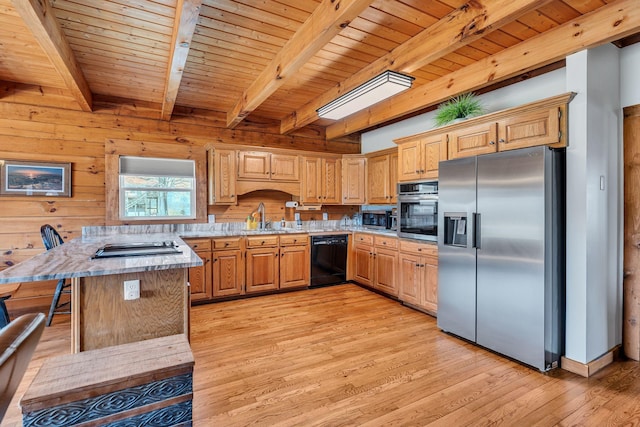 kitchen featuring light wood finished floors, wooden walls, wood ceiling, stainless steel appliances, and a sink