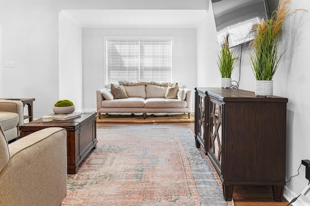 living area featuring baseboards, wood finished floors, and crown molding