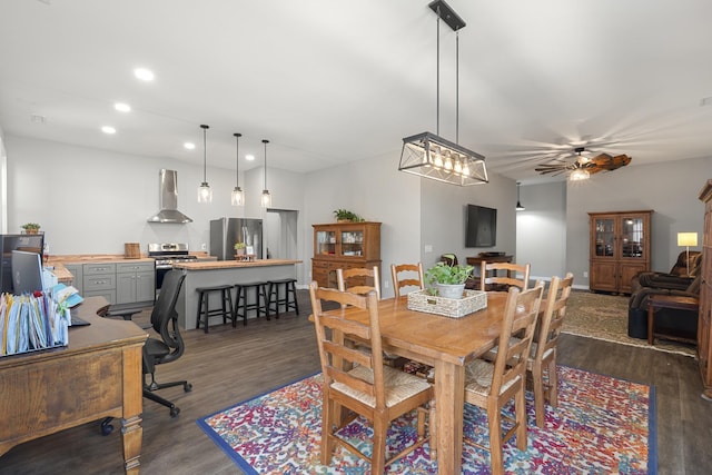 dining room featuring recessed lighting, a ceiling fan, and dark wood-style flooring