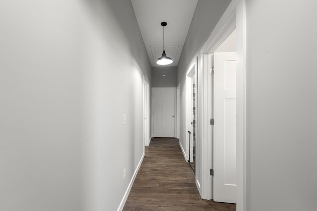 corridor with attic access, baseboards, and dark wood-type flooring