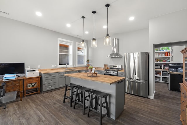 kitchen featuring wall chimney range hood, gray cabinets, appliances with stainless steel finishes, wood counters, and a sink