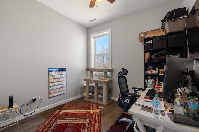 office with visible vents, baseboards, ceiling fan, and dark wood finished floors