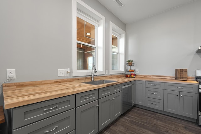 kitchen featuring a sink, visible vents, gray cabinets, and butcher block countertops