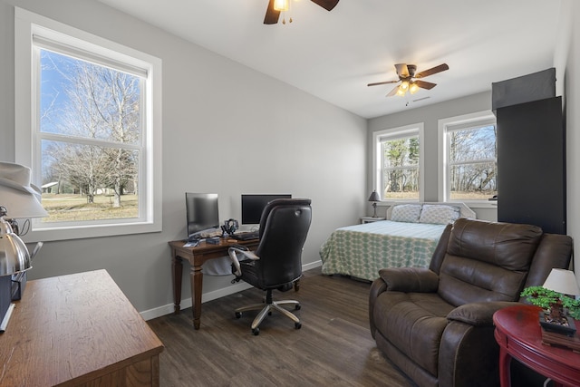 bedroom with a ceiling fan, baseboards, and dark wood-style flooring