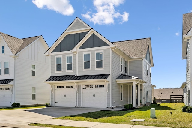 view of front facade featuring board and batten siding, a shingled roof, a front lawn, concrete driveway, and a garage