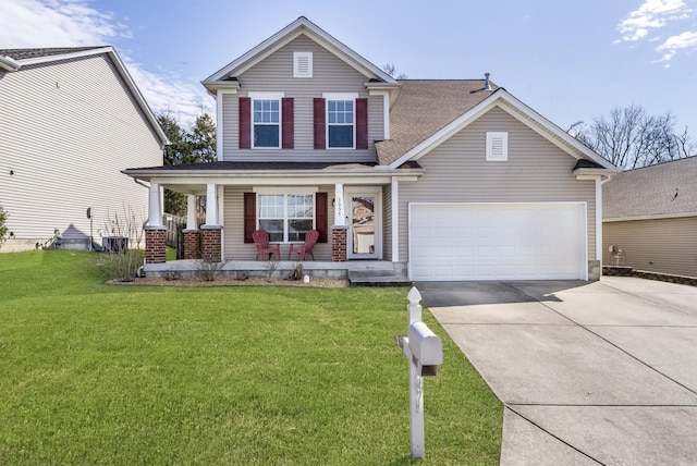 traditional-style home with a front lawn, central air condition unit, covered porch, a garage, and driveway