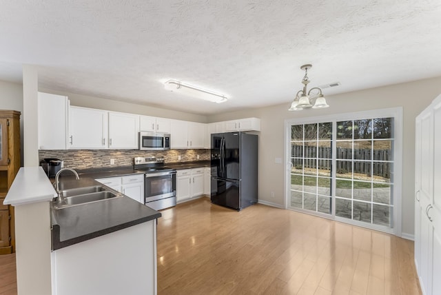 kitchen with a sink, tasteful backsplash, dark countertops, appliances with stainless steel finishes, and white cabinets