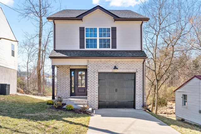 traditional-style home with brick siding, an attached garage, a shingled roof, and concrete driveway