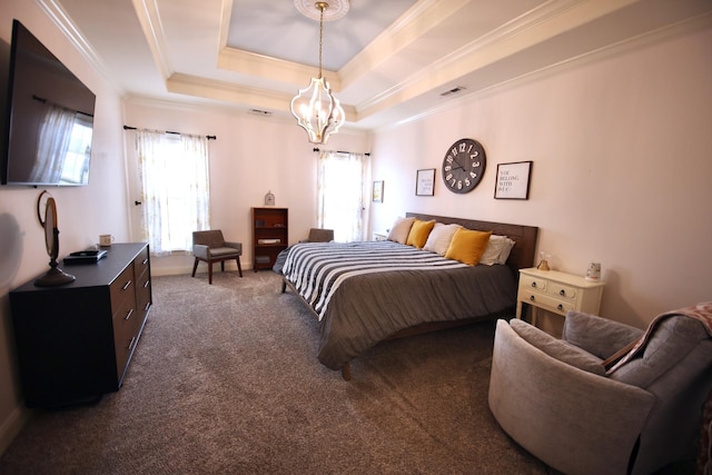 bedroom with visible vents, carpet floors, crown molding, a raised ceiling, and a chandelier