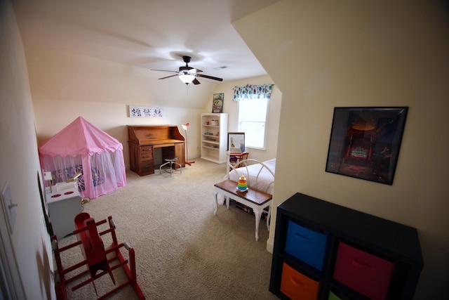 playroom featuring visible vents, ceiling fan, carpet, and vaulted ceiling