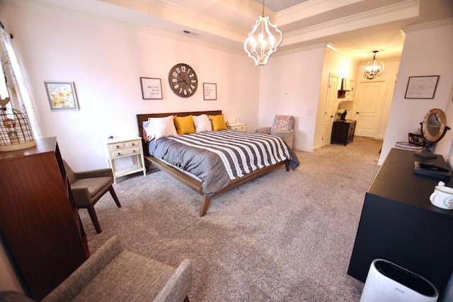 carpeted bedroom with a chandelier, a raised ceiling, baseboards, and ornamental molding