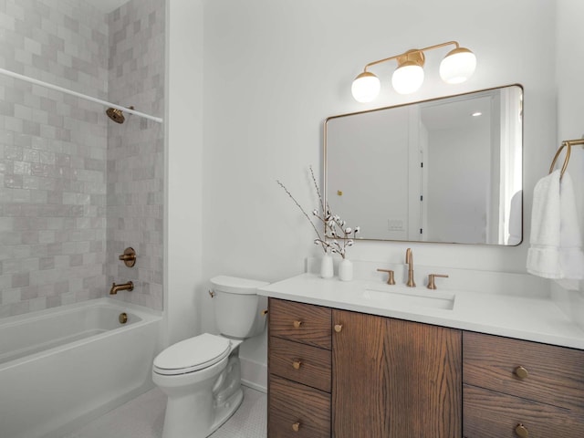 bathroom with tile patterned flooring, vanity, baseboards, toilet, and  shower combination
