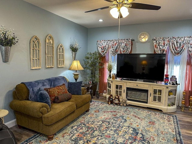 670 Jones Franklin Rd, Morristown, TN 37813 - living room featuring ceiling fan, wood finished floors, and recessed lighting