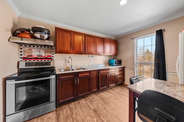 kitchen with ornamental molding, a sink, range hood, stainless steel appliances, and light wood finished floors