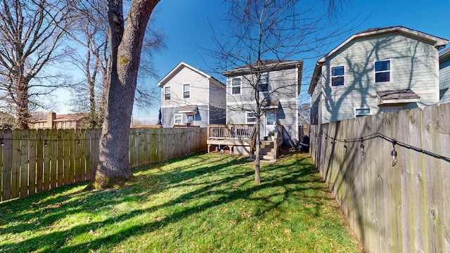 view of yard featuring a wooden deck and a fenced backyard