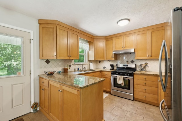 kitchen featuring stainless steel appliances, a peninsula, decorative backsplash, under cabinet range hood, and stone counters