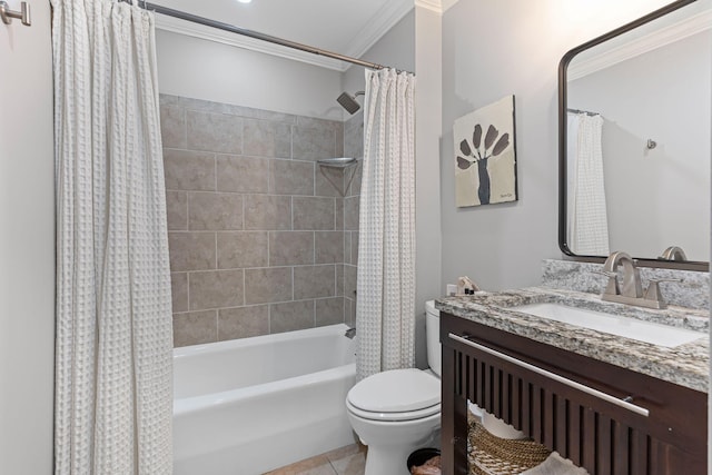 401 Bowling Ave Unit 31, Nashville, TN 37205 - full bathroom featuring vanity, shower / bathtub combination with curtain, ornamental molding, tile patterned flooring, and toilet