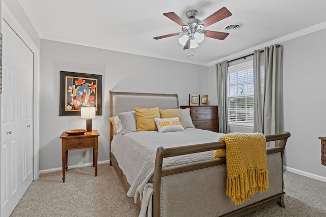 401 Bowling Ave Unit 31, Nashville, TN 37205 - carpeted bedroom with visible vents, ceiling fan, baseboards, and ornamental molding