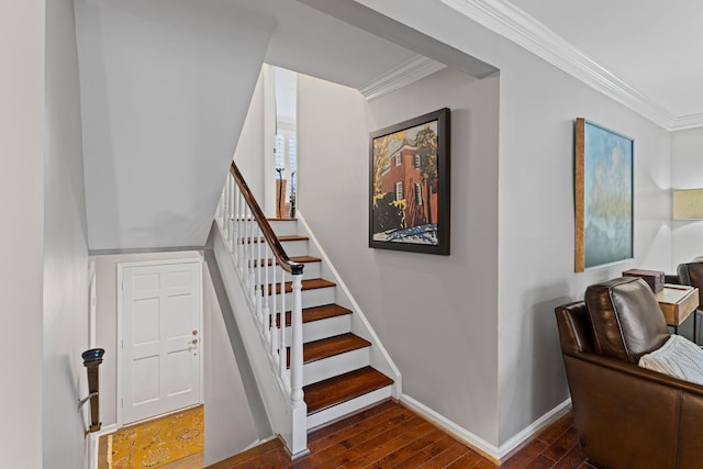 401 Bowling Ave Unit 31, Nashville, TN 37205 - stairs featuring crown molding, wood finished floors, and baseboards