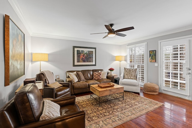 401 Bowling Ave Unit 31, Nashville, TN 37205 - living room featuring ornamental molding, wood finished floors, and ceiling fan