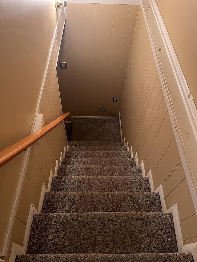 stairway with a decorative wall and carpet