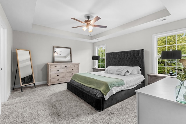 1289 Southside Rd, Southside, TN 37171 - bedroom featuring visible vents, a tray ceiling, carpet, baseboards, and ceiling fan