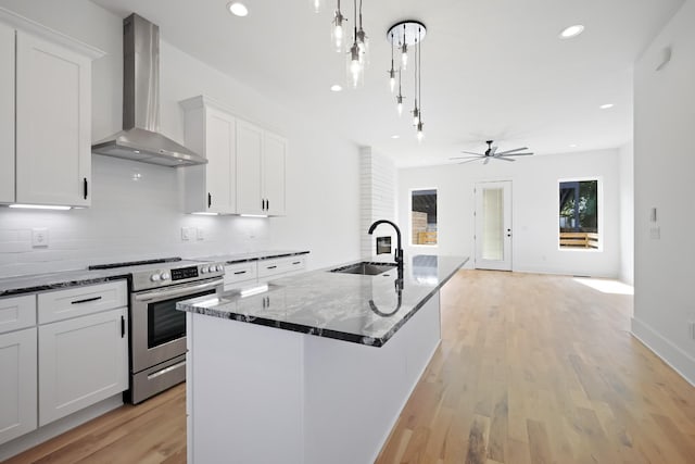 1815 14th Ave N Unit B, Nashville, TN 37208 - kitchen with dark stone counters, a sink, stainless steel electric range, backsplash, and wall chimney range hood