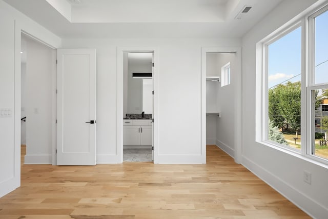 1815 14th Ave N Unit B, Nashville, TN 37208 - unfurnished bedroom featuring a spacious closet, a raised ceiling, multiple windows, and light wood finished floors