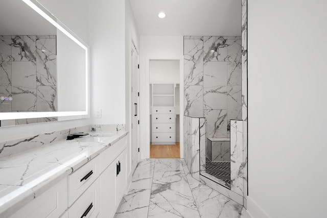 1815 14th Ave N Unit B, Nashville, TN 37208 - full bathroom with vanity, recessed lighting, marble finish floor, and a marble finish shower