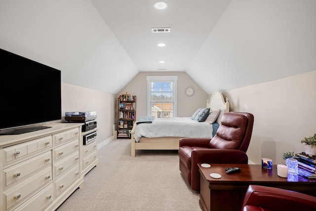 bedroom with visible vents, baseboards, recessed lighting, vaulted ceiling, and light colored carpet