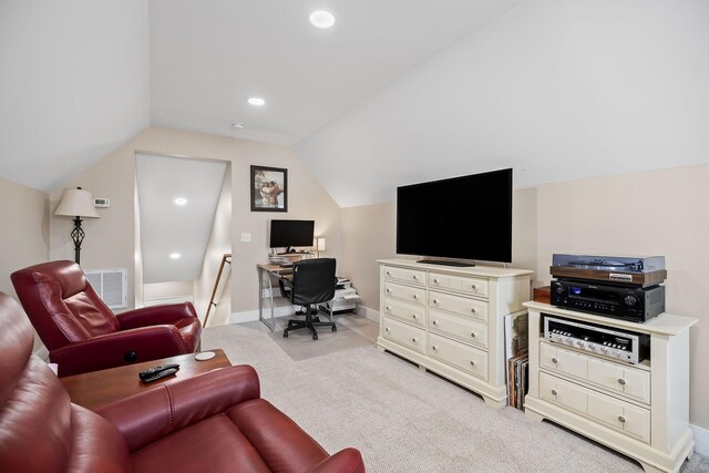 living area with light colored carpet, visible vents, recessed lighting, lofted ceiling, and baseboards
