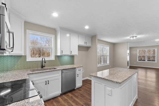 530 S Oak St, Hohenwald, TN 38462 - kitchen with tasteful backsplash, appliances with stainless steel finishes, white cabinetry, dark wood finished floors, and a sink