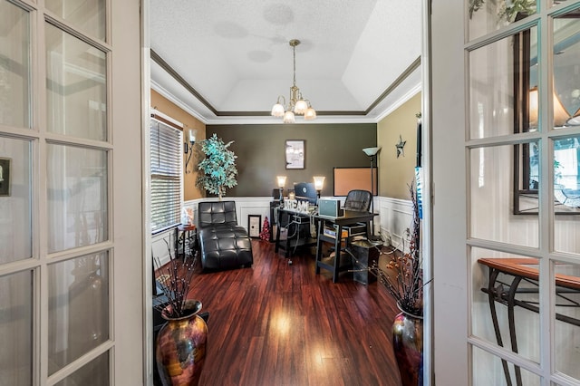 1712 Lake Grassland W, Gallatin, TN 37066 - office area with a wainscoted wall, a tray ceiling, ornamental molding, dark wood-type flooring, and a notable chandelier